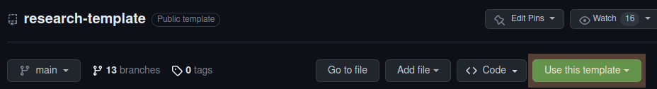 A screenshot showing the "Use this template" button for the research code template repository.